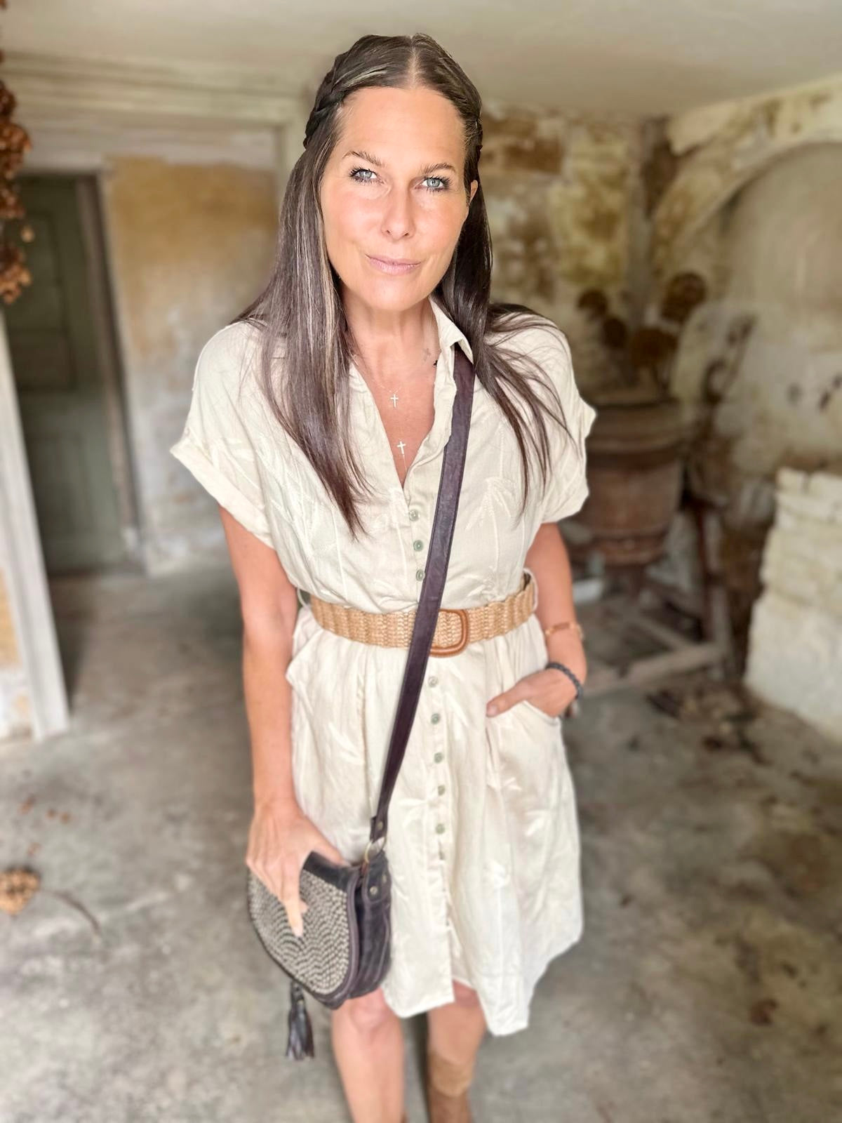 Gracie Midi Dress With Belt - Biscuit