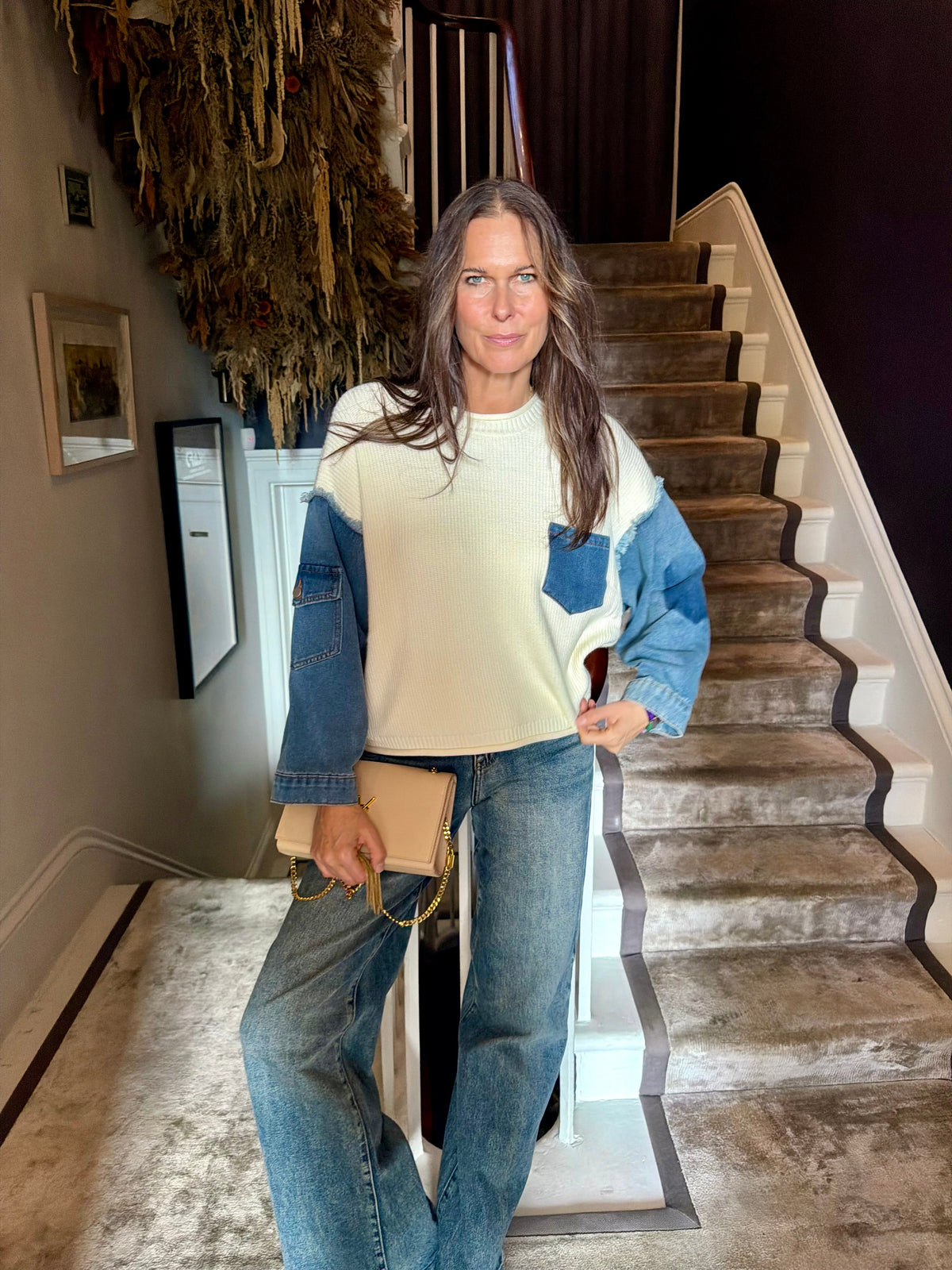 Bronte Knit With Denim Sleeve - Cream