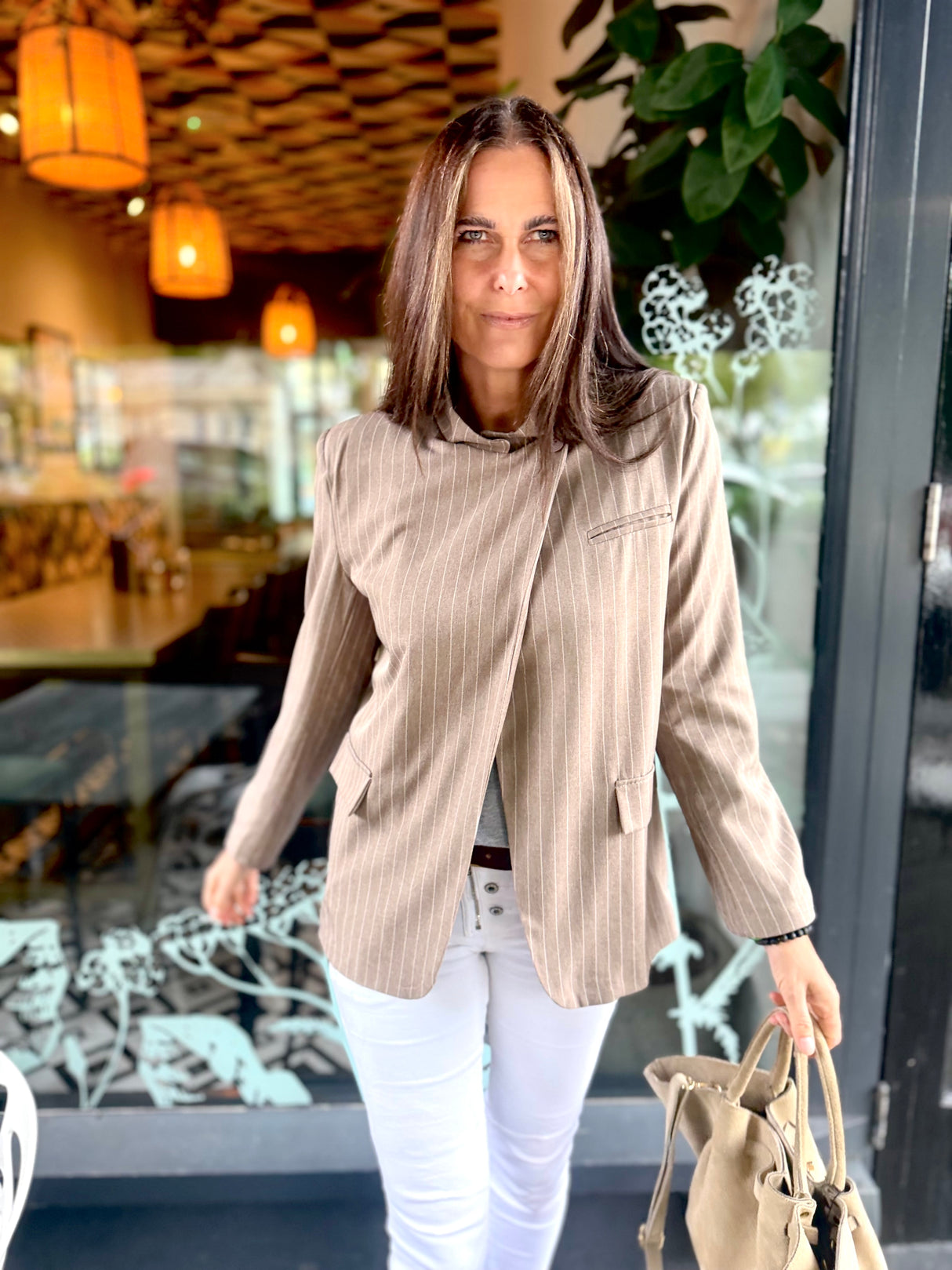 Pinstripe Funnel Neck Blazer -
Biscuit