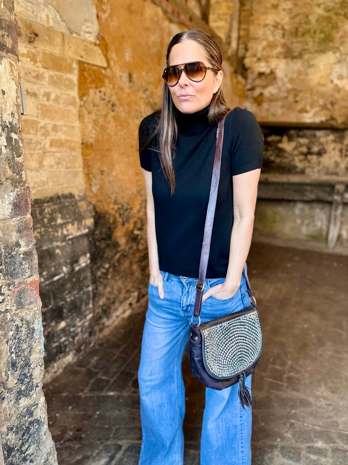 Ines Short Sleeve Polo Neck - Black