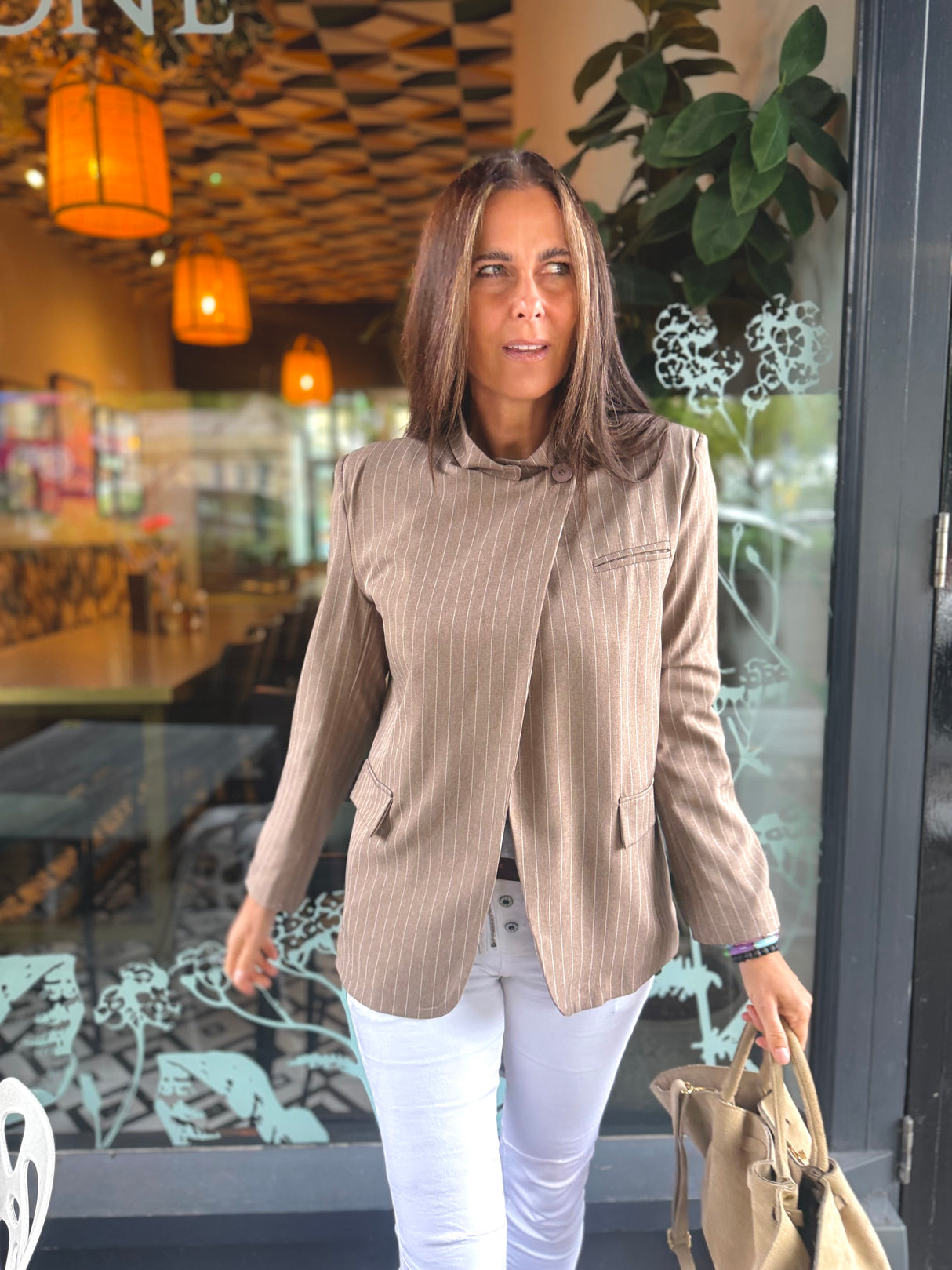 Pinstripe Funnel Neck Blazer -
Biscuit
