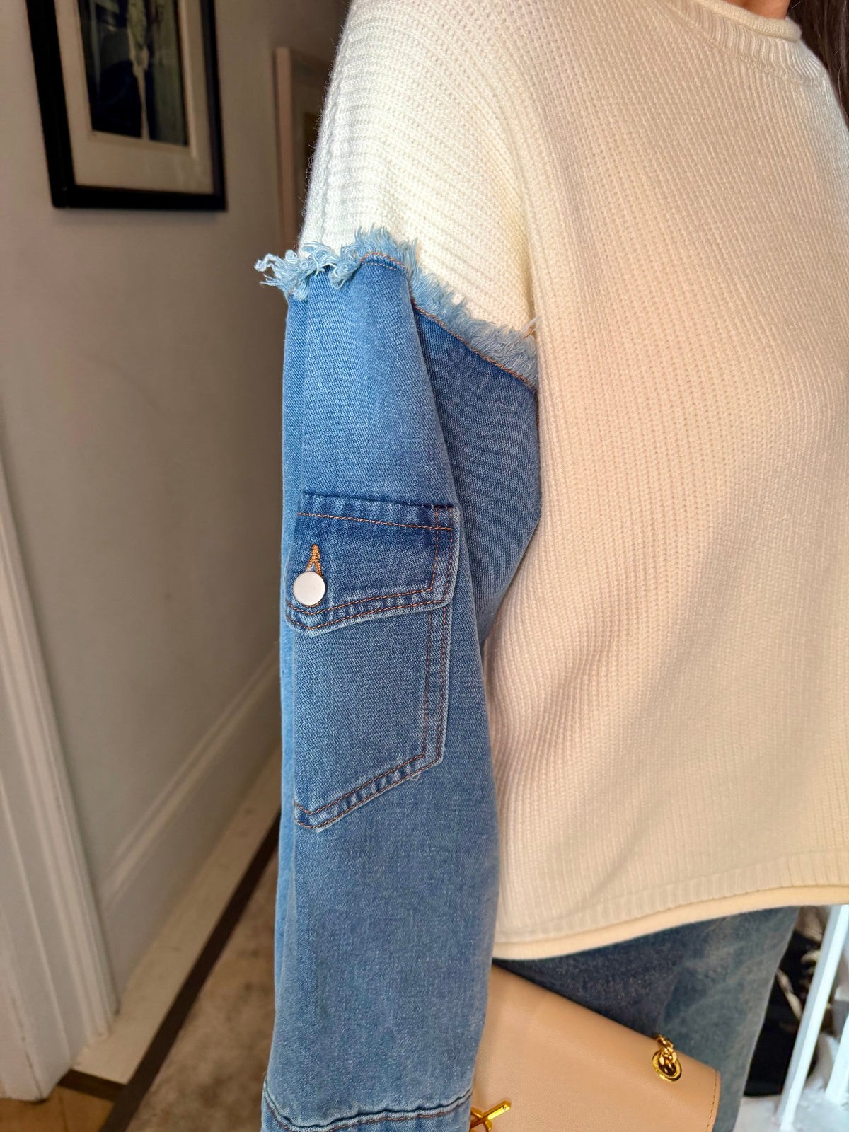 Bronte Knit With Denim Sleeve - Cream