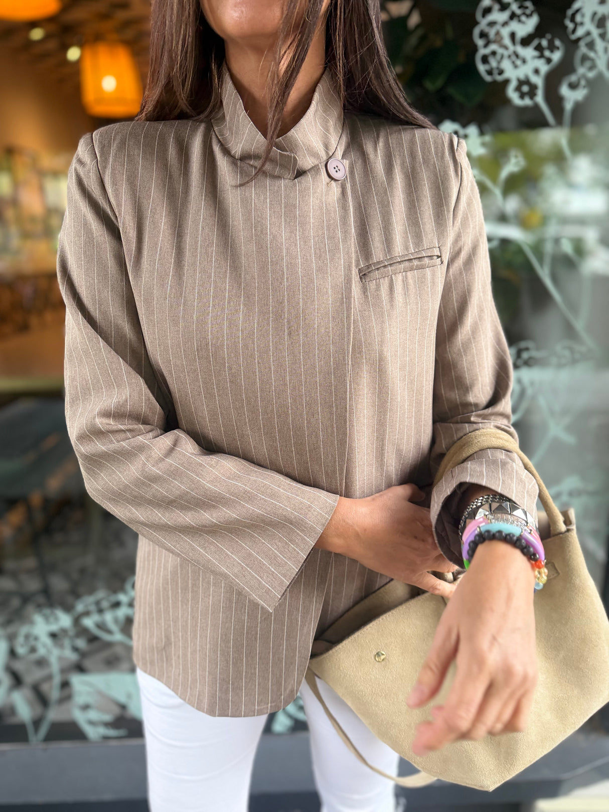 Pinstripe Funnel Neck Blazer -
Biscuit