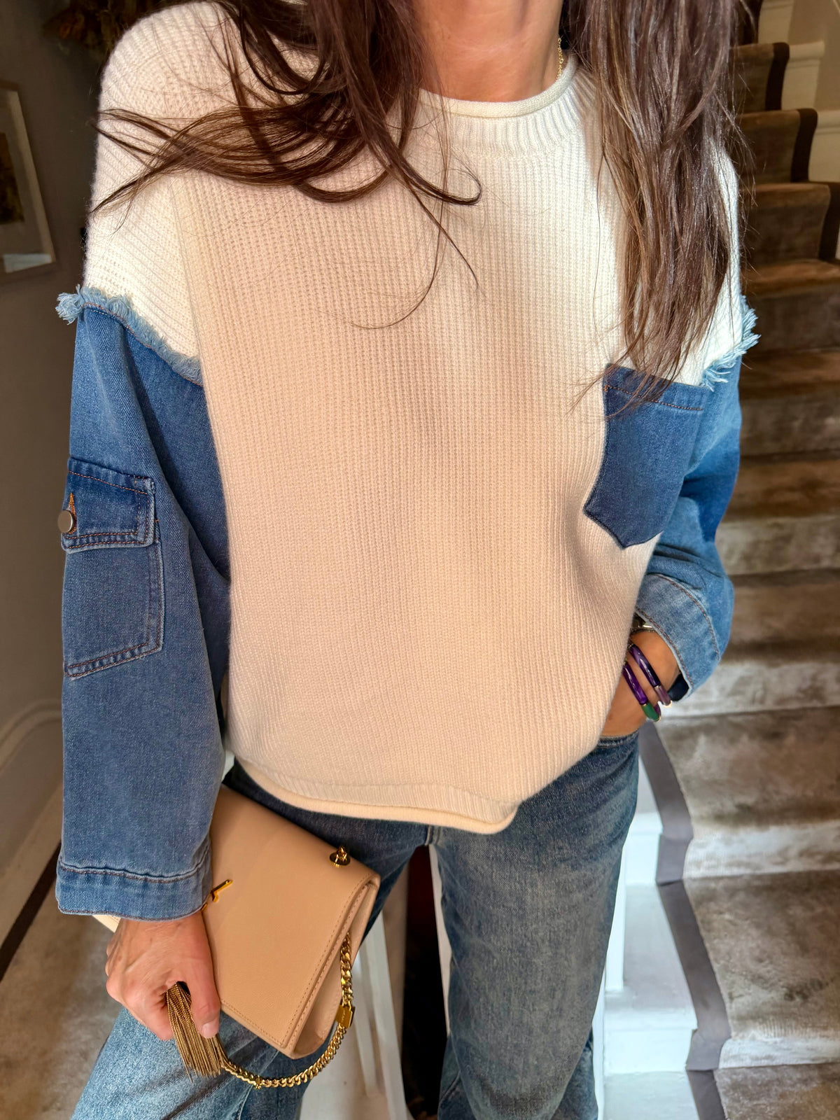Bronte Knit With Denim Sleeve - Cream