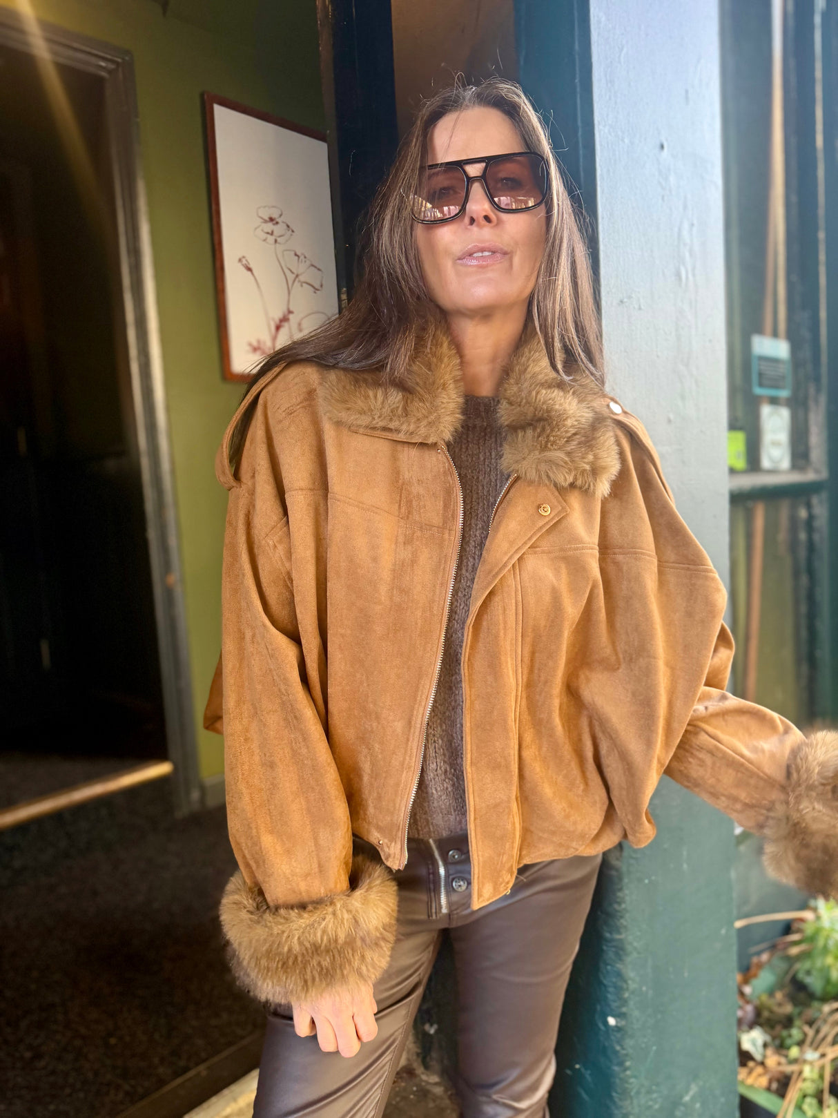 Shauna Faux Suede Bomber - Tan
