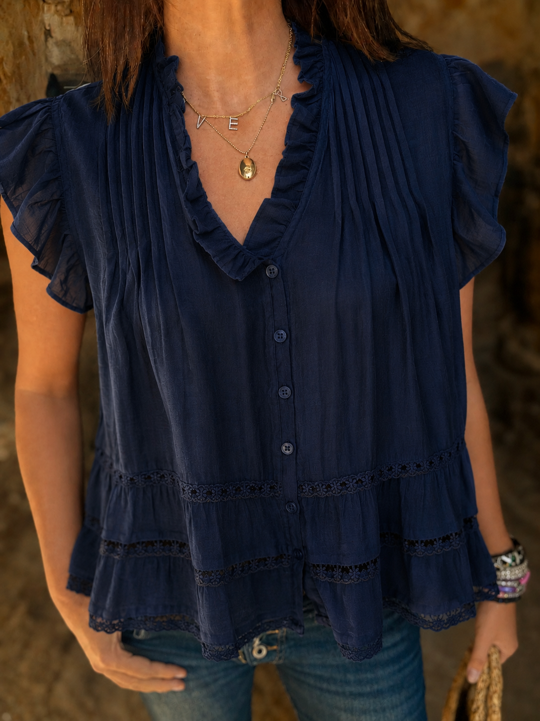 Arden Ruffle Blouse - Navy