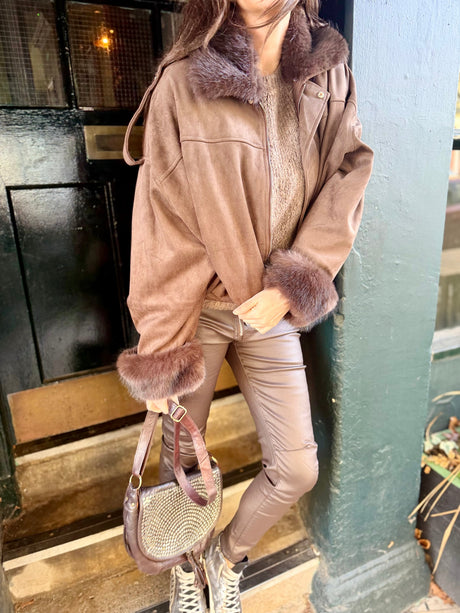 Shauna Faux Suede Bomber - Choc