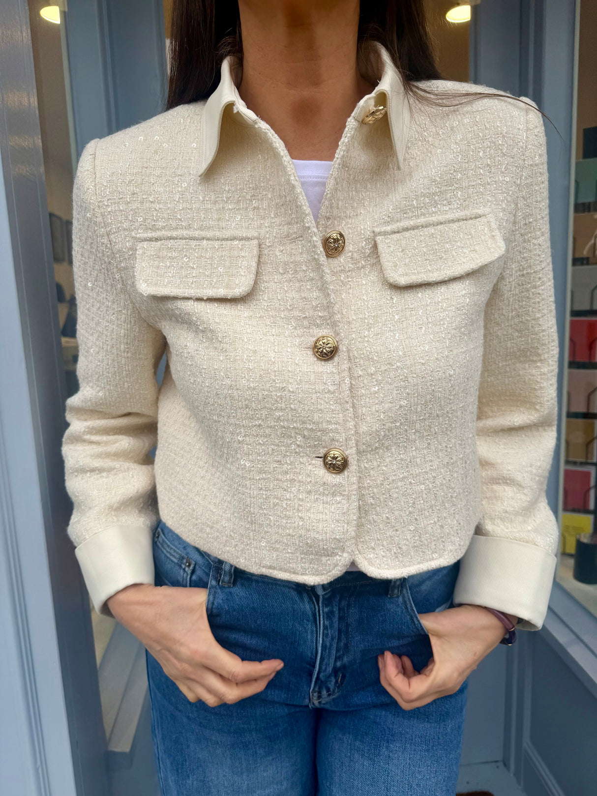 Verity Sequin Cropped Jacket - Ecru