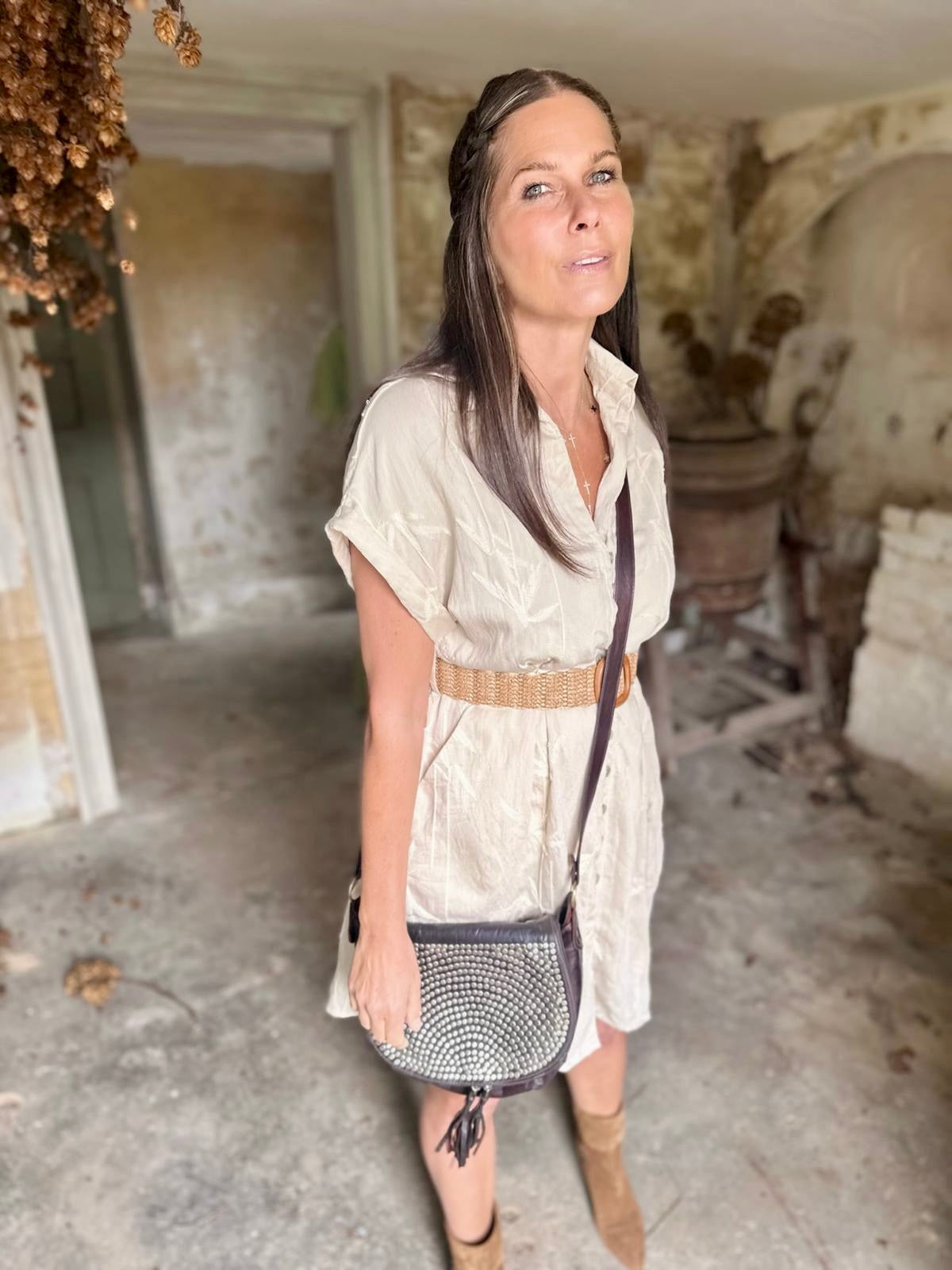 Gracie Midi Dress With Belt - Biscuit