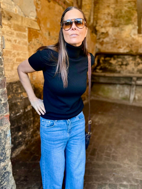 Ines Short Sleeve Polo Neck - Black