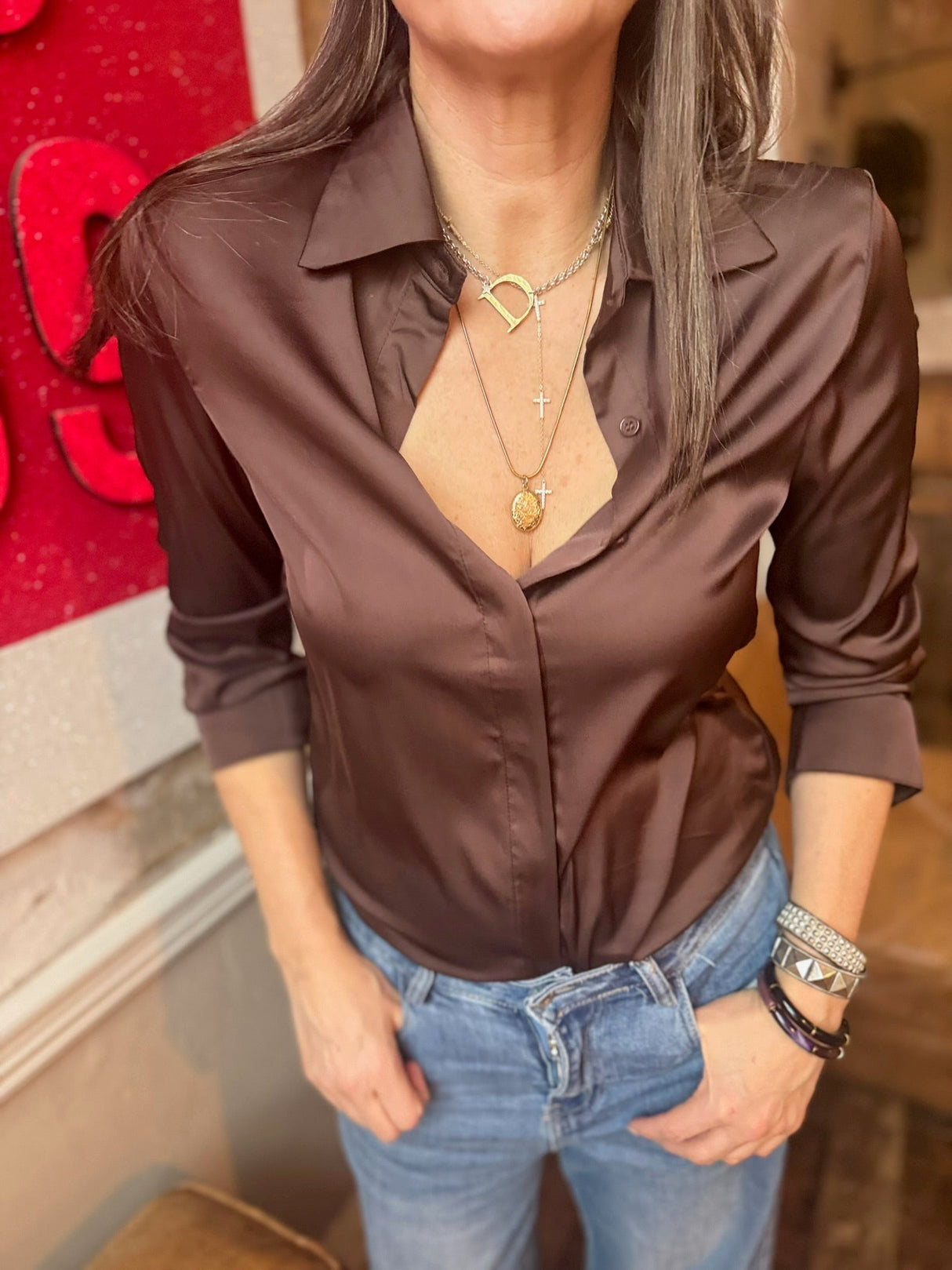 Camille Satin Shirt Chocolate