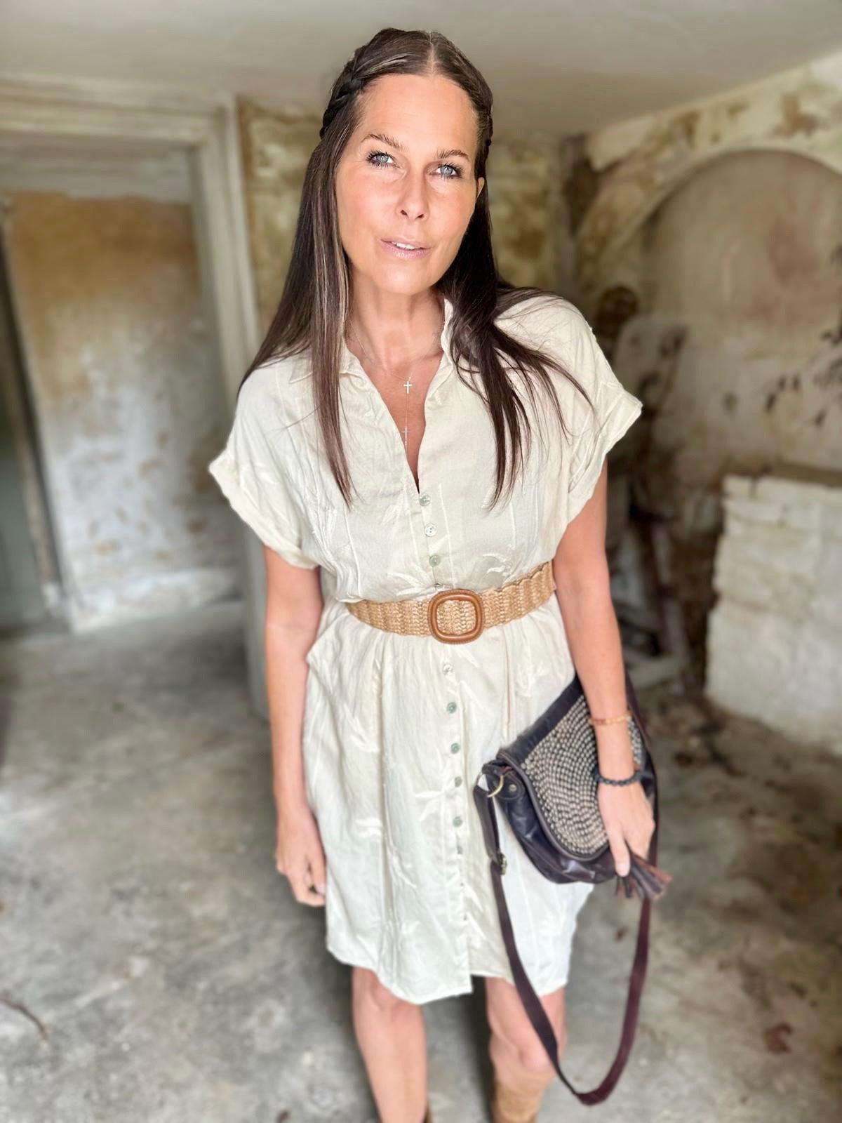 Gracie Midi Dress With Belt - Biscuit