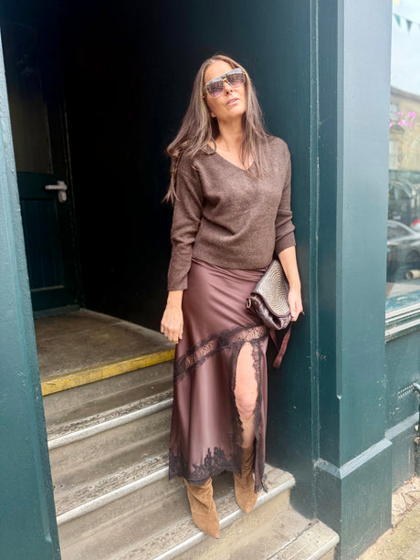 Highland Satin Lace Skirt - Chocolate