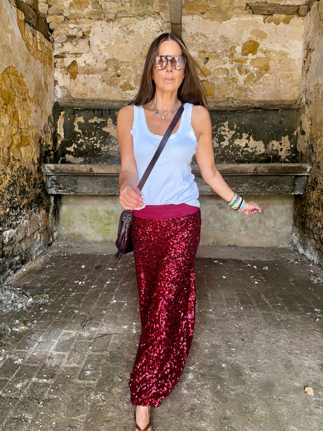 Seline Sequin Skirt - Ruby