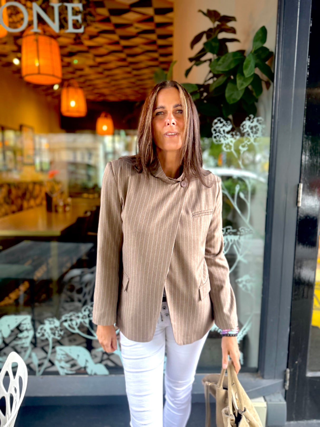 Pinstripe Funnel Neck Blazer -
Biscuit