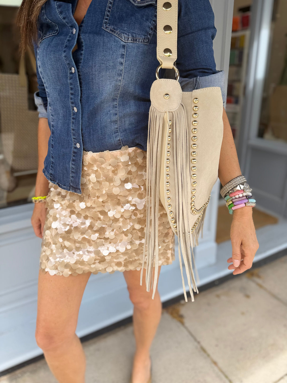 Aveline Sequin Mini Skirt - Biscuit
