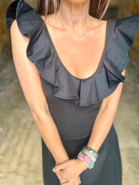 Jenna Ruffle Strap Dress - Black