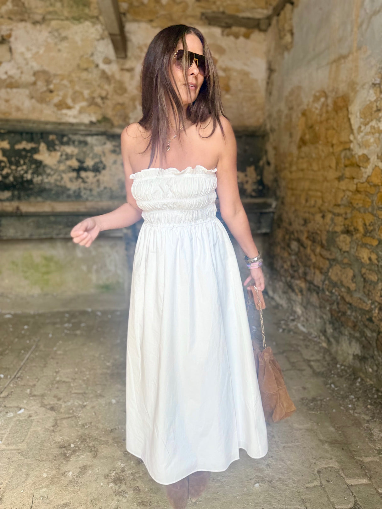 Coral Strapless Dress- White