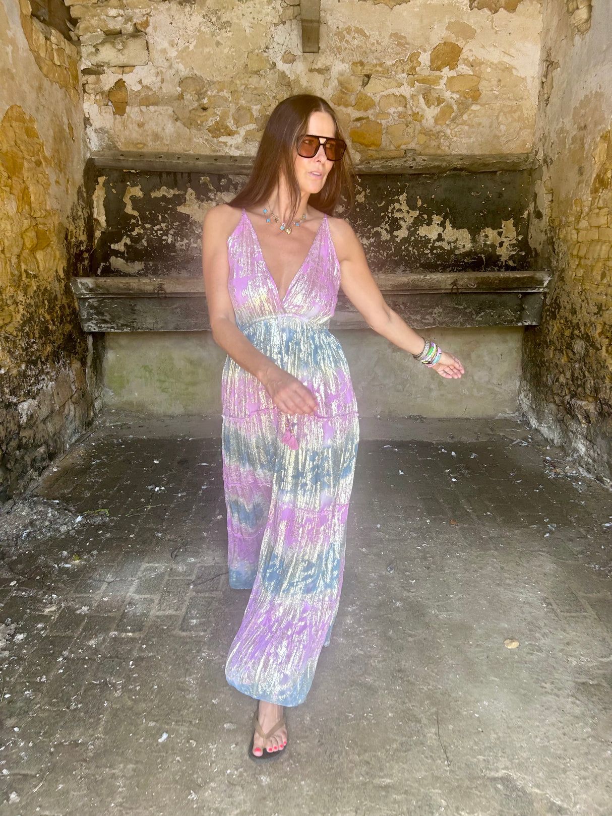 Crystal Metallic Maxi Dress - Hot Pink
