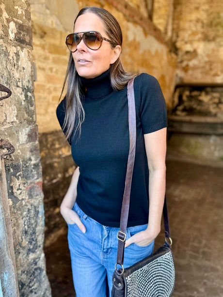 Ines Short Sleeve Polo Neck - Black