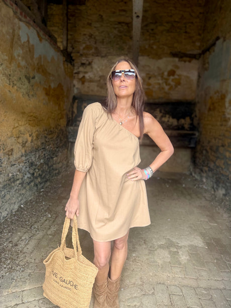 Den One Shoulder Smoke Dress - Camel