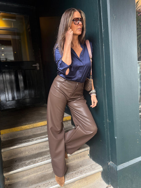 Ally Faux Leather Barrel Pant - Chocolate
