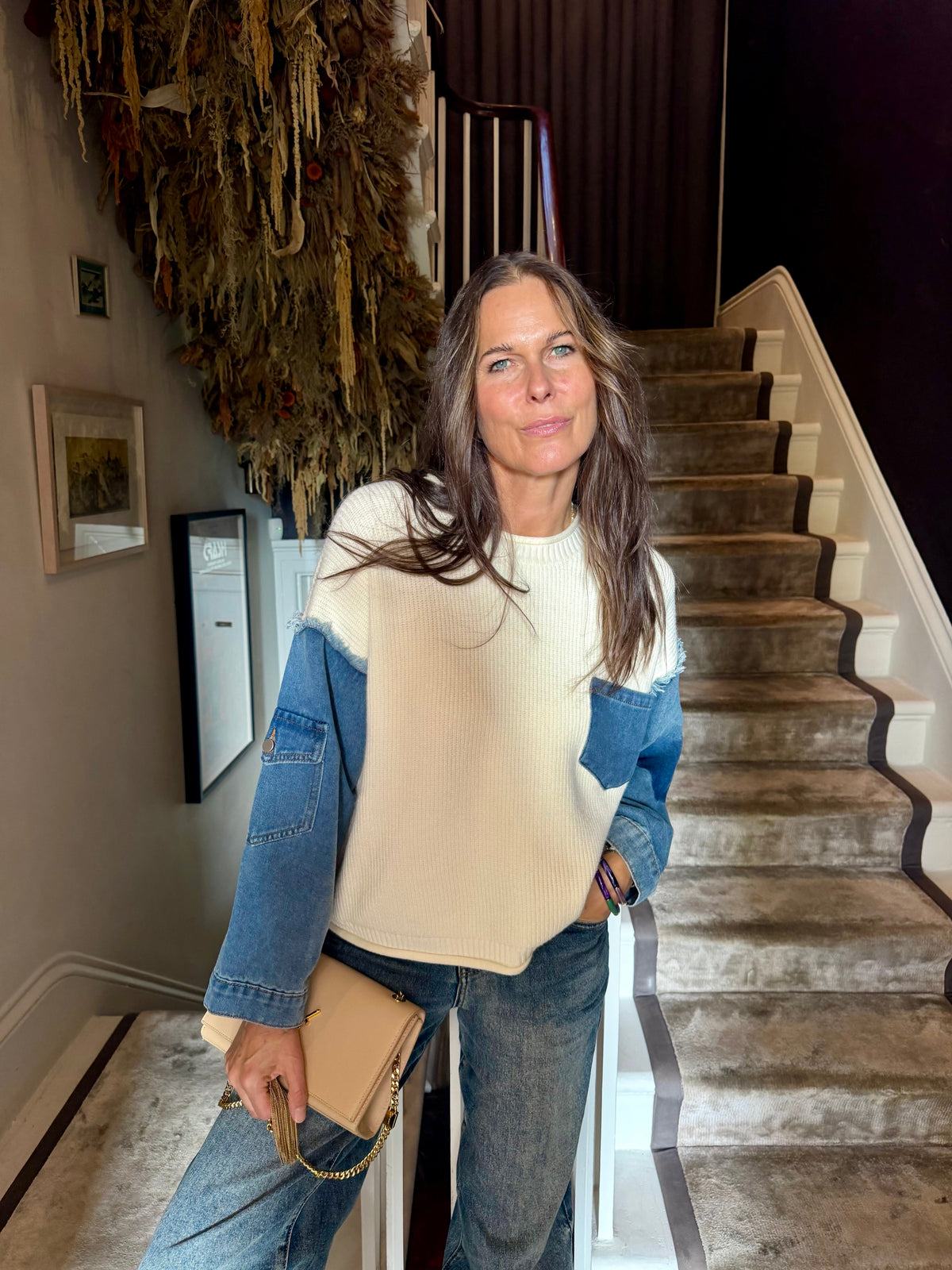 Bronte Knit With Denim Sleeve - Cream
