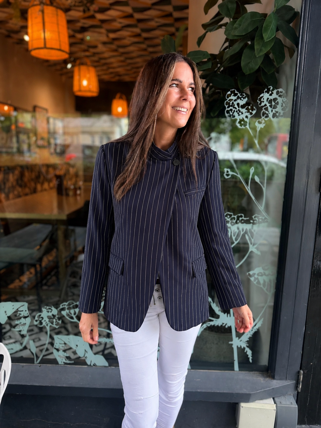Pinstripe Funnel Neck Blazer - Navy