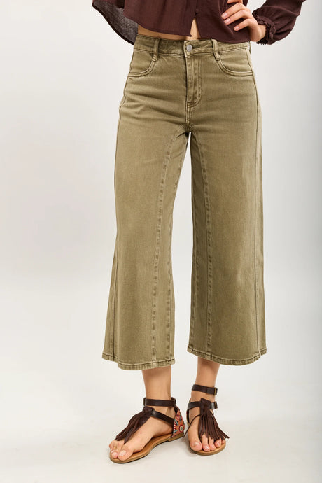 Elly Cropped Wide Leg Denim - Khaki